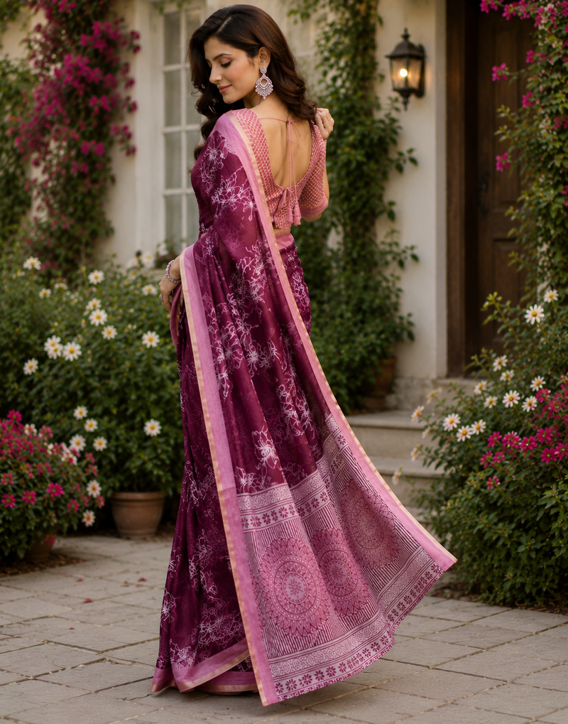 wine printed chanderi cotton ready to wear saree with unstitched blouse