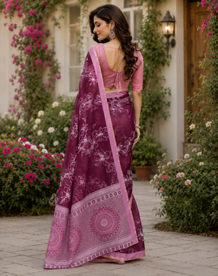 wine printed chanderi cotton ready to wear saree with unstitched blouse 4