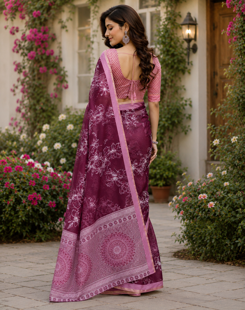 wine printed chanderi cotton ready to wear saree with unstitched blouse