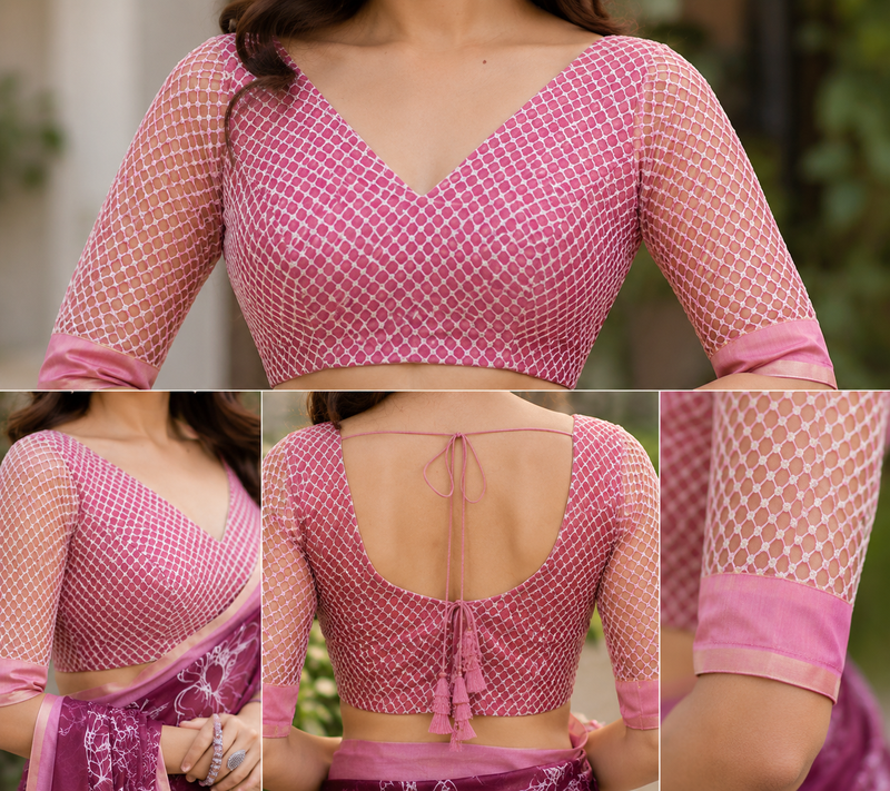 wine printed chanderi cotton ready to wear saree with unstitched blouse