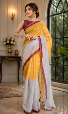 yellow white printed chanderi cotton ready to wear saree with unstitched blouse 1
