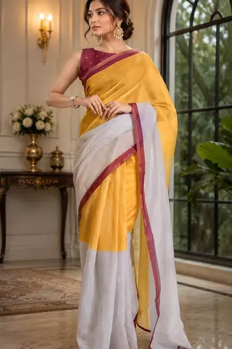 yellow white printed chanderi cotton ready to wear saree with unstitched blouse