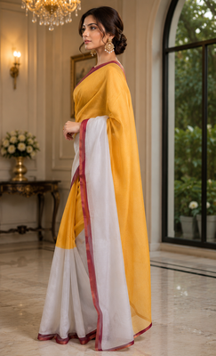 yellow white printed chanderi cotton ready to wear saree with unstitched blouse 3
