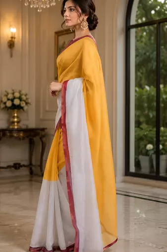 yellow white printed chanderi cotton ready to wear saree with unstitched blouse