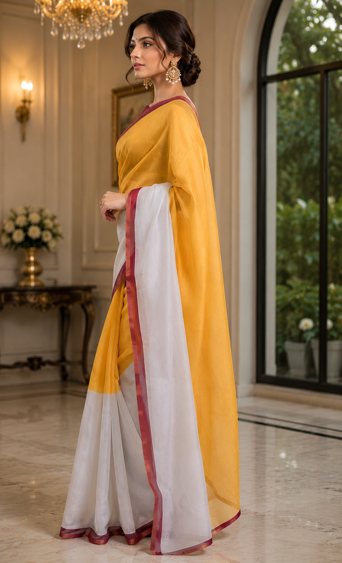 yellow white printed chanderi cotton ready to wear saree with unstitched blouse