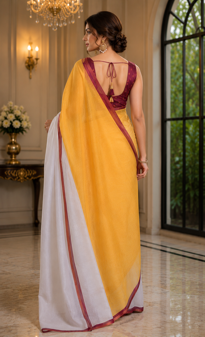 yellow white printed chanderi cotton ready to wear saree with unstitched blouse