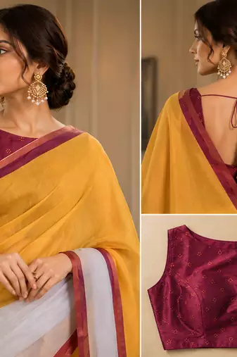yellow white printed chanderi cotton ready to wear saree with unstitched blouse