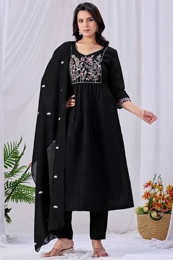 Women's black embroidered mul kurta pant dupatta set with pocket | handwork ethnic wear for women
