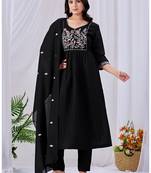 Women's black embroidered mul kurta pant dupatta set with pocket | handwork ethnic wear for women