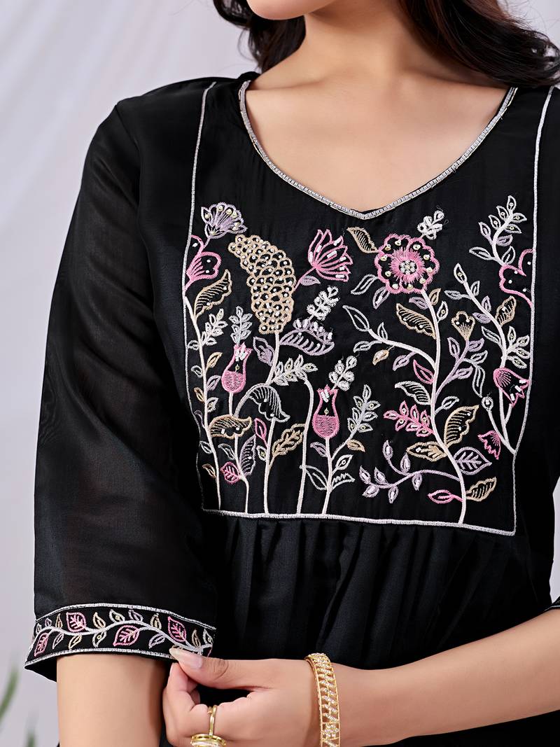 Women's black embroidered mul kurta pant dupatta set with pocket | handwork ethnic wear for women