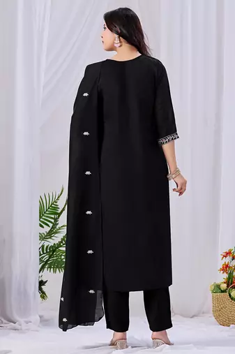 Women's black embroidered mul kurta pant dupatta set with pocket | handwork ethnic wear for women