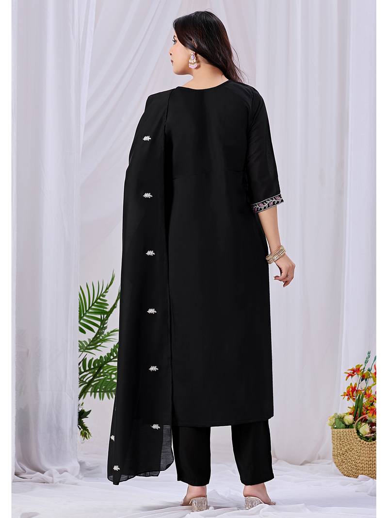 Women's black embroidered mul kurta pant dupatta set with pocket | handwork ethnic wear for women