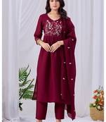 Women's maroon embroidered mul kurta pant dupatta set with pocket | handwork ethnic wear for women