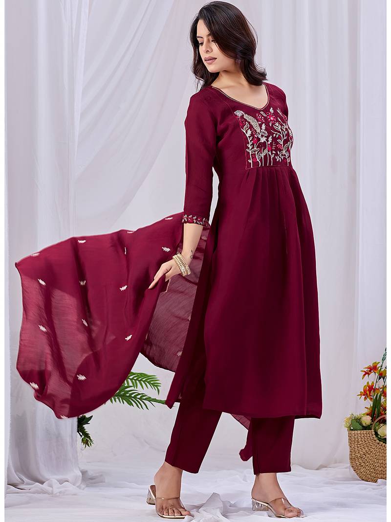 Women's maroon embroidered mul kurta pant dupatta set with pocket | handwork ethnic wear for women