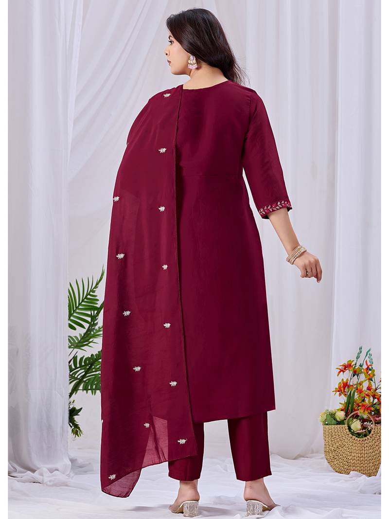 Women's maroon embroidered mul kurta pant dupatta set with pocket | handwork ethnic wear for women