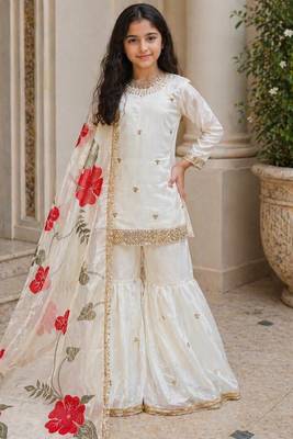 off white embroidered silk girls sharara set 1