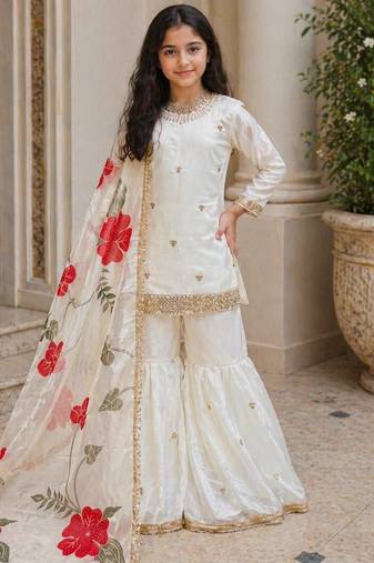 off white embroidered silk girls sharara set