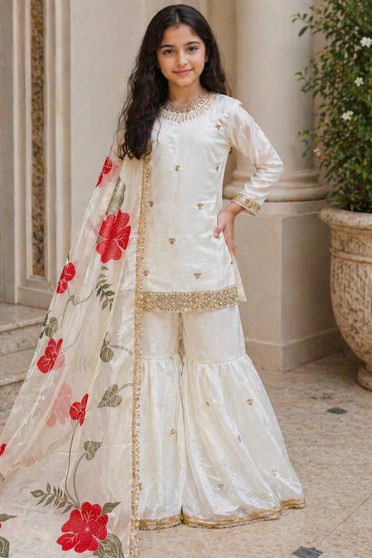 off white embroidered silk girls sharara set