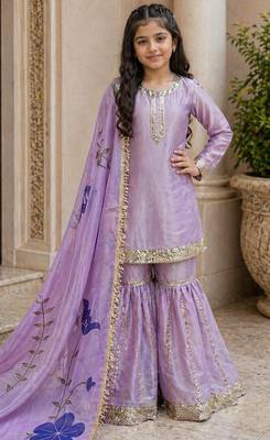 lavender embroidered silk girls sharara set 1