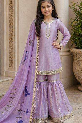 lavender embroidered silk girls sharara set