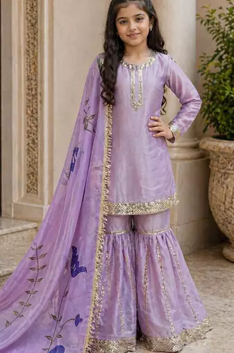 lavender embroidered silk girls sharara set