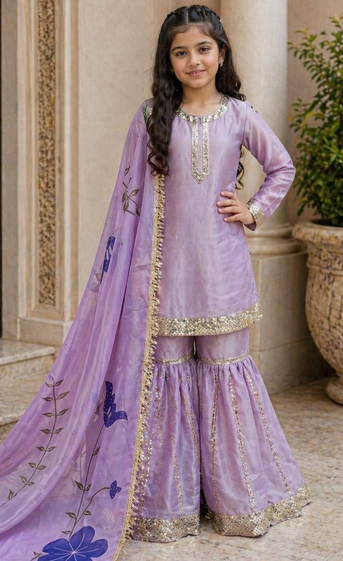 lavender embroidered silk girls sharara set