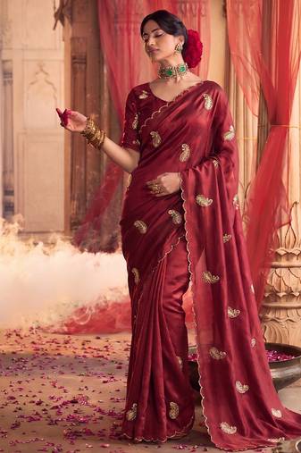 Heavy aari work satin saree for women maroon party wear