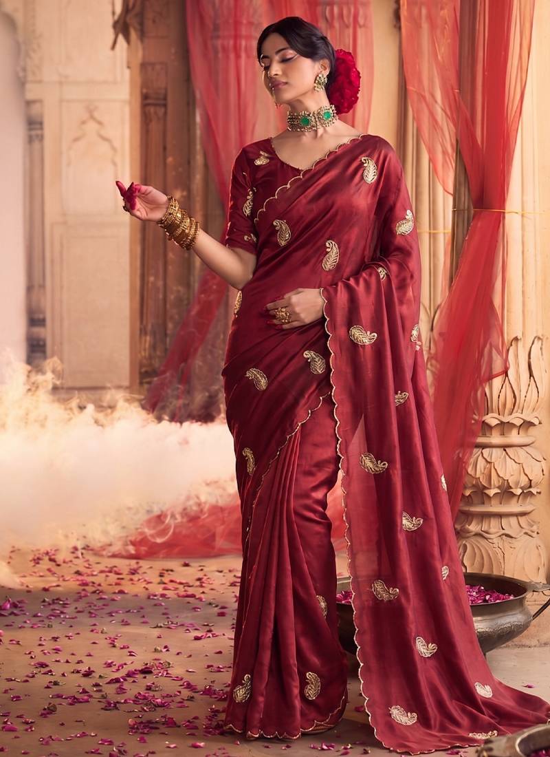 Heavy aari work satin saree for women maroon party wear