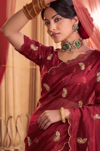 Heavy aari work satin saree for women maroon party wear