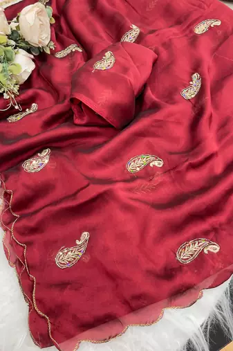 Heavy aari work satin saree for women maroon party wear