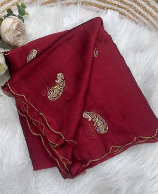 Heavy aari work satin saree for women maroon party wear 4