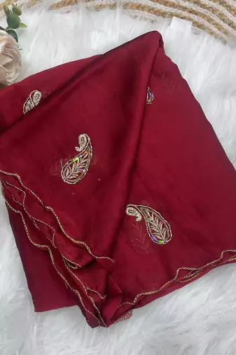 Heavy aari work satin saree for women maroon party wear