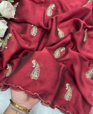 Heavy aari work satin saree for women maroon party wear 5