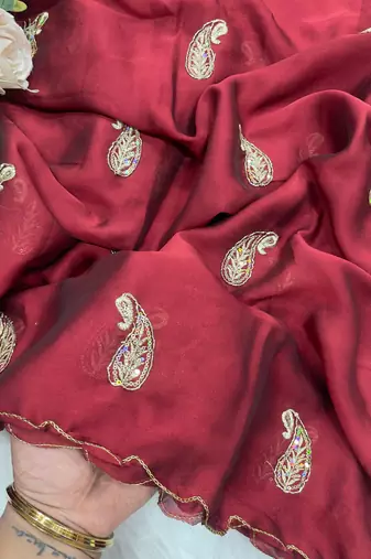 Heavy aari work satin saree for women maroon party wear
