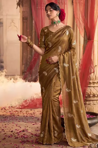 Heavy aari work satin saree for women mustard party wear