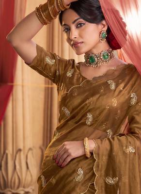 Heavy aari work satin saree for women mustard party wear 2