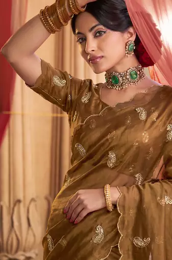 Heavy aari work satin saree for women mustard party wear