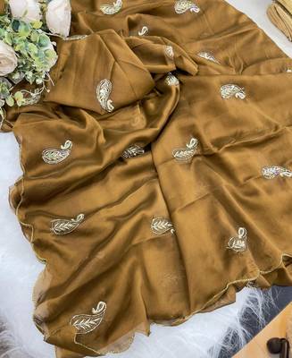 Heavy aari work satin saree for women mustard party wear 3