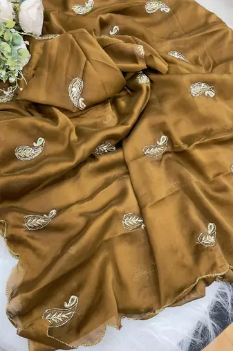 Heavy aari work satin saree for women mustard party wear