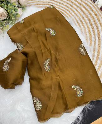 Heavy aari work satin saree for women mustard party wear 4