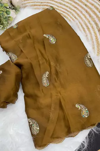 Heavy aari work satin saree for women mustard party wear