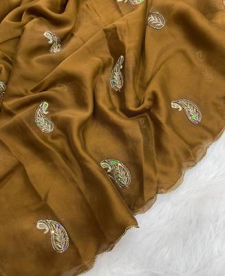 Heavy aari work satin saree for women mustard party wear 5