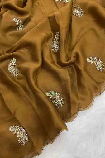 Heavy aari work satin saree for women mustard party wear