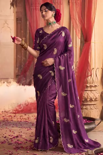 Heavy aari work satin saree for women wine party wear