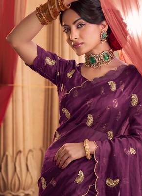 Heavy aari work satin saree for women wine party wear 2