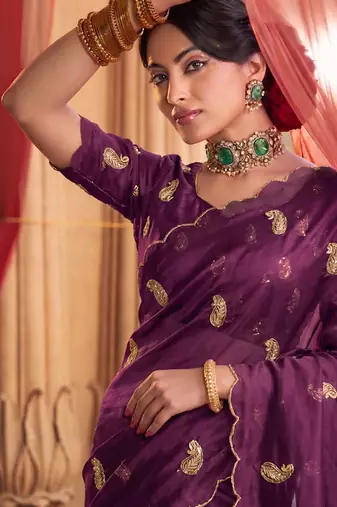 Heavy aari work satin saree for women wine party wear