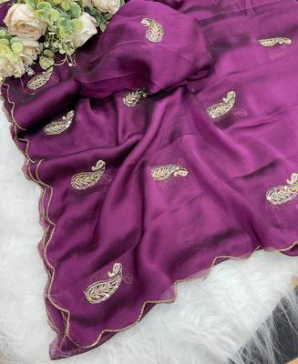 Heavy aari work satin saree for women wine party wear 3