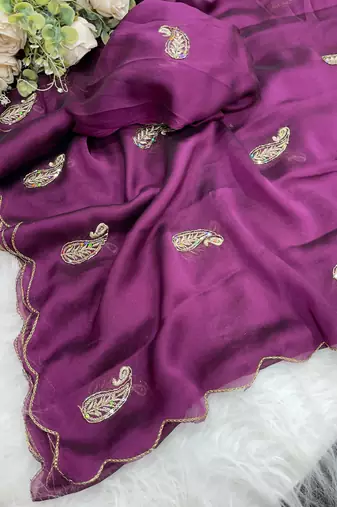 Heavy aari work satin saree for women wine party wear