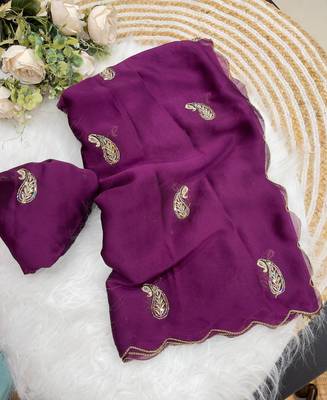 Heavy aari work satin saree for women wine party wear 4