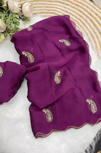 Heavy aari work satin saree for women wine party wear